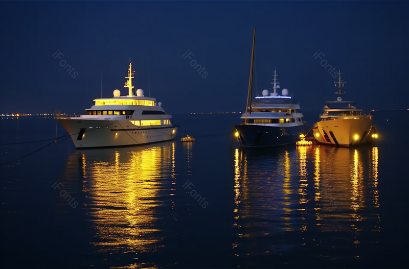 两艘豪华的超级游艇在夜晚闪闪发光倒映在大海上,高清,摄影图,摄影图片,图片大全,摄影图免费下载